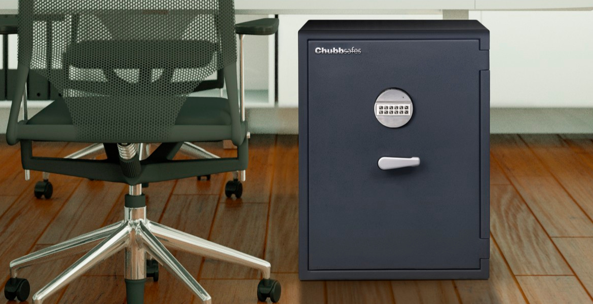 Chubbsafe under a desk in an office