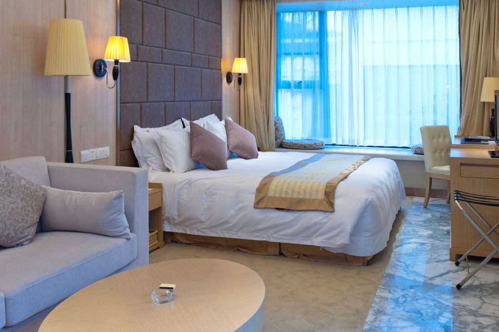 Image of a bed in a hotel room