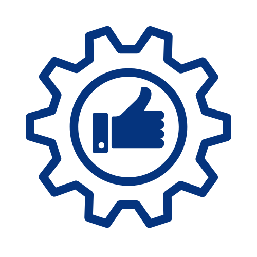 Icon of a cog and a thumbs up representing good customer service